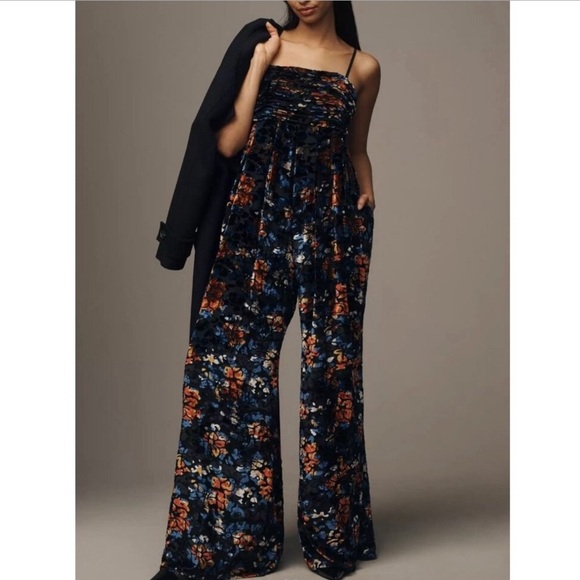 NWT Anthropologie Hutch The Mable Velvet Floral Print Wide-Leg Jumpsuit Sz XS - Picture 1 of 11